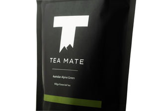 TEA MATE Australian Alpine Loose Leaf Green Tea. Australian tea delivery. Tea packaged in recyclable pouches with biodegradable stickers. 