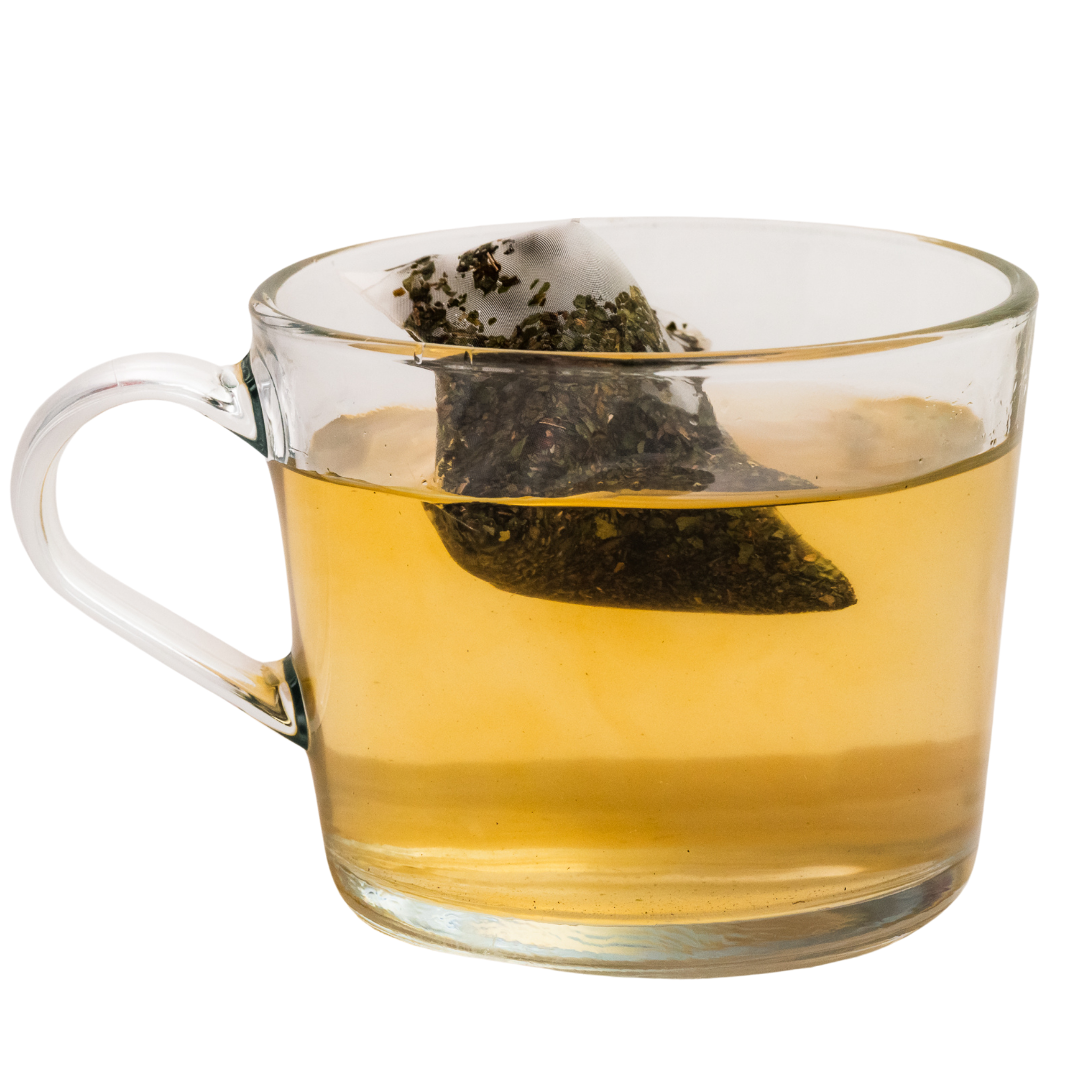 TEA MATE Loose Leaf Tea Bagger Infusing Tea In Clear Tea Cup Of TEA MATE Organic Peppy Mint Peppermint Tea In Premium Biodegradable Tea Bags