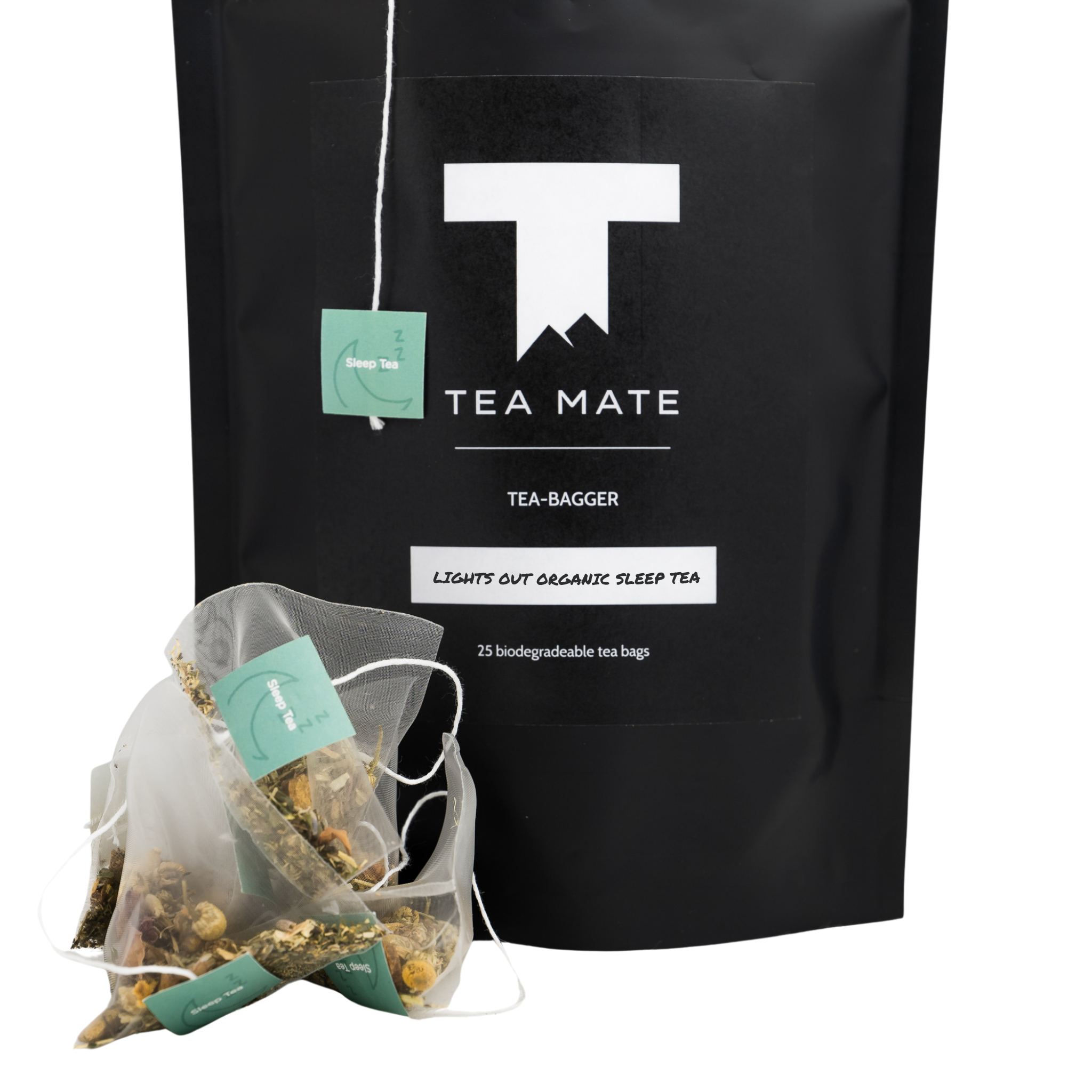 Close Up Australian Tea Packaging Of TEA MATE Lights Out Organic Sleep Tea With Skullcap, Organic Chamomile Flowers, Lemon Balm, Passionflower, Rose Petals and Lavender In Premium Biodegradable Tea Bags
